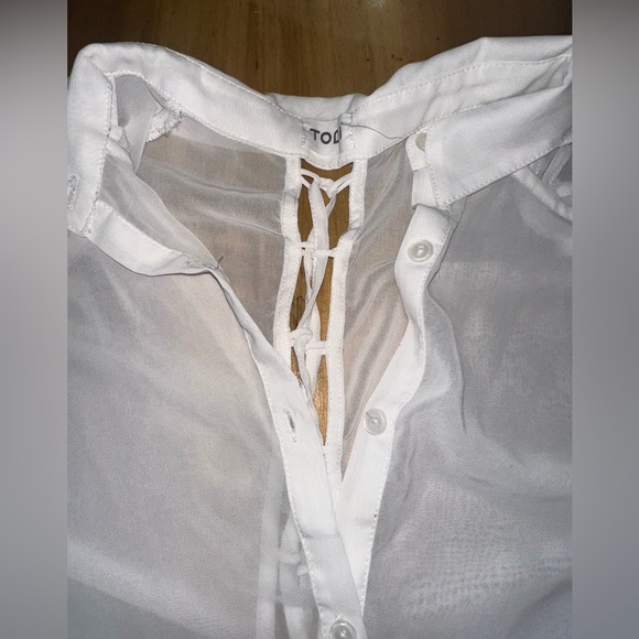 tobi white sheer tank lace up Back Top M Blouse Collar Shirt Button RARE S Spine - Picture 5 of 6